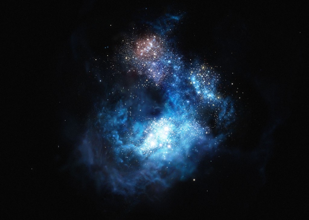 This artist’s impression shows CR7 a very distant galaxy discovered using ESO’s Very Large Telescope. It is by far the brightest galaxy yet found in the early Universe and there is strong evidence that examples of the first generation of stars lurk within it. These massive, brilliant, and previously purely theoretical objects were the creators of the first heavy elements in history — the elements necessary to forge the stars around us today, the planets that orbit them, and life as we know it. This newly found galaxy is three times brighter than the brightest distant galaxy known up to now.