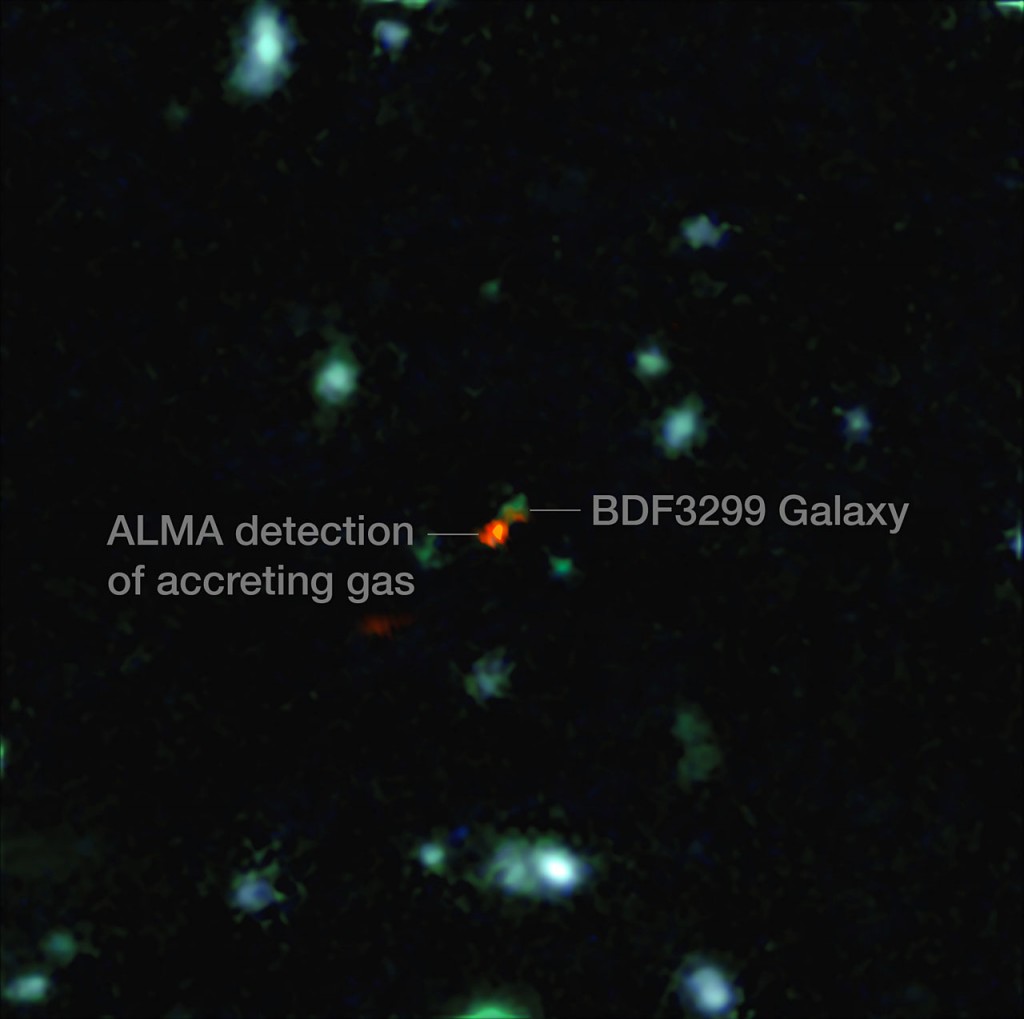 This view is a combination of images from ALMA and the Very Large Telescope. The central object is a very distant galaxy, labelled BDF 3299, which is seen when the Universe was less than 800 million years old. The bright red cloud just to the lower left is the ALMA detection of a vast cloud of material that is in the process of assembling the very young galaxy.