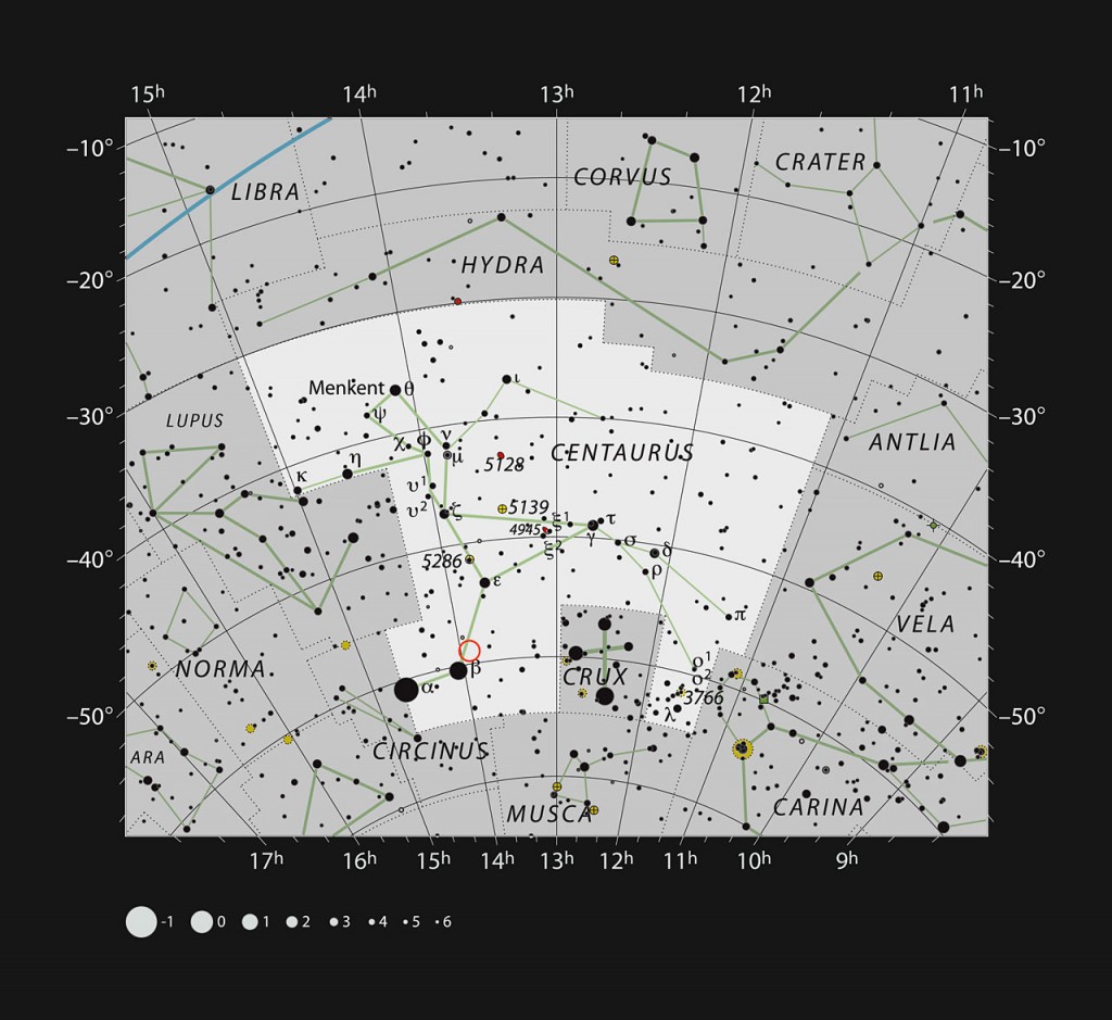 This chart shows the location of Nova Centauri 2013 (red circle) in the constellation of Centaurus (The Centaur). All the stars easily seen with the naked eye on a dark clear night are shown. The nova erupted in late 2013 and was visible without a telescope. Careful study of the light from this nova has revealed the first traces of the element lithium ever found in a nova.
