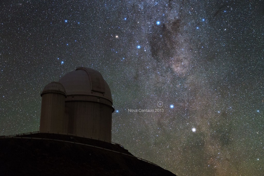 Alpha and Beta Centauri, two of the brightest stars in the southern sky, had a new companion in late 2013 — the naked eye Nova Centauri 2013. This photo was taken by ESO Photo Ambassador Yuri Beletsky at ESO's La Silla Observatory in the Chilean Atacama Desert in the morning hours of Monday 9 December 2013. The nova was discovered by John Seach from Australia on 2 December 2013 as it approached naked eye brightness. Nova Centaurus 2013 is the brightest nova to have occurred so far this millennium. This particular event is known as a classical nova, and is not to be confused with a supernova. Classical novae occur in binary star systems when hydrogen gas from the orbiting stellar partner is accreted onto the surface of the main star, causing a runaway thermonuclear event resulting in the brightening of the main star. In a classical novae the main star is not destroyed as is the case in a supernova. Instead, the star is dramatically brightened, and there is a simultaneous expansion of a debris shell. The nova appears in the picture just to the left of Beta Centauri, the bluer and higher of the two bright stars in the lower-right part of the image. The Southern Cross and the Coal Sack Nebula are also captured near the top of the picture. In front at the left is the ESO 3.6-metre telescope, inaugurated in 1976, it currently operates with the HARPS spectrograph, the most prolific exoplanet hunting machine in the world. Located 600 km north of Santiago, at 2400 m altitude in the outskirts of the Chilean Atacama Desert, La Silla was first ESO site in Chile and the largest observatory of its time. Links  Image of Nova Centauri 2013 (non-annotated)