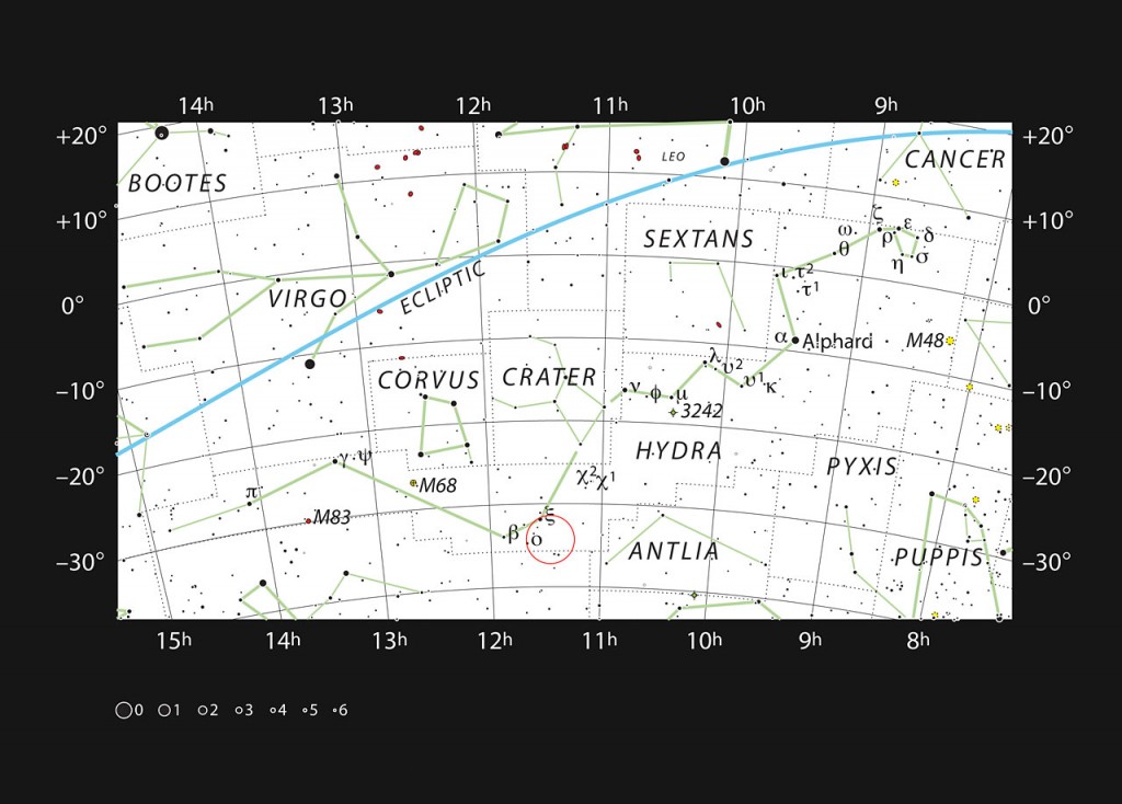 This chart shows the location of ESO 378-1 in the constellation of Hydra (The Female Water Snake). All the stars easily seen with the naked eye on a dark clear night are shown. This object can be seen faintly as a small glowing disc of light with moderate-sized telescopes.
