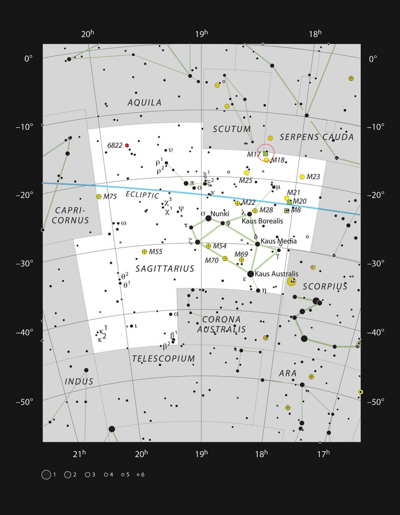 This chart shows the location of the star-forming region Messier 17, also often called the Omega or Swan Nebula, within the constellation of Sagittarius (The Archer). This map shows most of the stars visible to the unaided eye under good conditions, and the cluster itself is marked as a green square within a red circle. Through a moderate-sized amateur telescope this object appears as a bright bar of haze.
