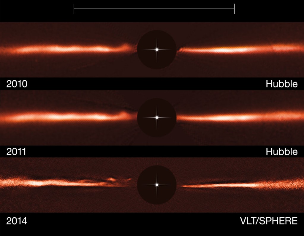 Using images from the NASA/ESA Hubble Space Telescope and ESO’s Very Large Telescope, astronomers have discovered fast-moving wave-like features in the dusty disc around the nearby star AU Microscopii. These odd structures are unlike anything ever observed, or even predicted, before now. The top row shows a Hubble image of the AU Mic disc from 2010, the middle row Hubble from 2011 and the bottom row is an image taken with the SPHERE instrument, mounted on the Very Large Telescope, from 2014. The black central circles show where the brilliant light of the central star has been blocked off to reveal the much fainter disc, and the position of the star is indicated schematically.