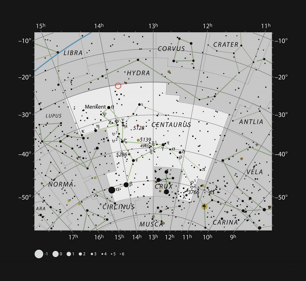 This chart shows the location of the interacting galaxy system NGC 5291 in the bright southern constellation of Centaurus. Most of the stars visible with the naked eye on a dark clear moonless night are shown and the location of the galaxy is marked with a red circle. NGC 5291 can be seen as a faint fuzzy spot through larger amateur telescopes.