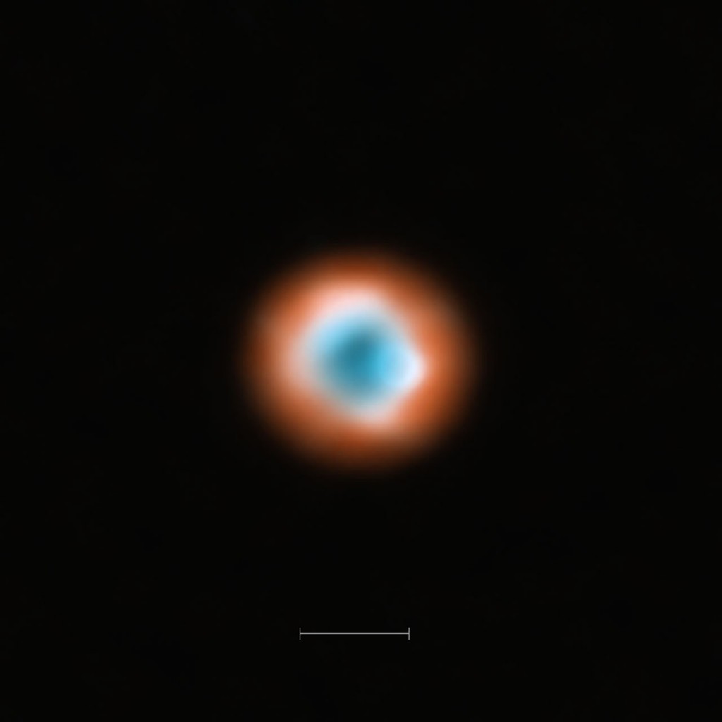 ALMA imaging of the transitional disc DoAr 44. This ALMA image combines a view of the dust around the young star DoAr 44 (orange) with a view of the gaseous material (blue). The smaller hole in the inner gas is a telltale sign of the presence of a young planet clearing the disc. The bar at the bottom of the image indicates the diameter of the orbit of Neptune in the Solar System (60 AU).