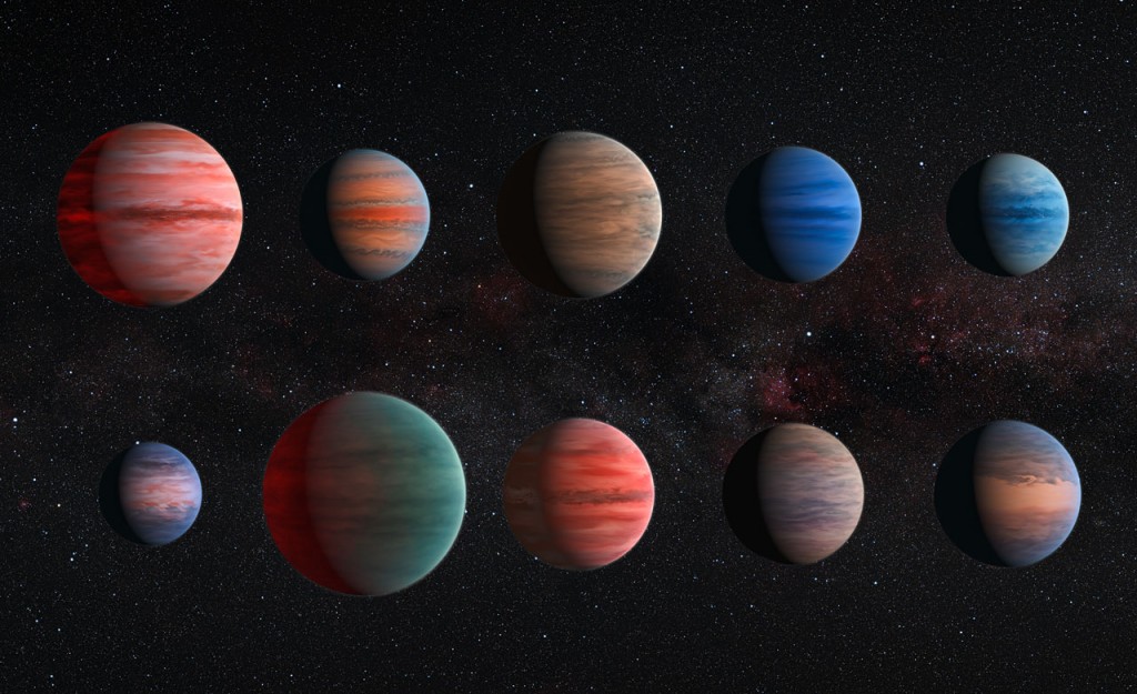 This image shows an artist’s impression of the ten hot Jupiter exoplanets studied by David Sing and his colleagues. From top left to to lower left these planets are WASP-12b, WASP-6b, WASP-31b, WASP-39b, HD 189733b, HAT-P-12b, WASP-17b, WASP-19b, HAT-P-1b and HD 209458b. The images are to scale with each other. HAT-P-12b, the smallest of them, is approximately the size of Jupiter, while WASP-17b, the largest planet in the sample, is almost twice the size. The planets are also depicted with a variety of different cloud properties. There is almost no information about the colours of the planets available, with the exception of HD 189733b, which became known as the blue planet (heic1312). The hottest planets within the sample are portrayed with a glowing night side. This effect is strongest on WASP-12b, the hottest exoplanet in the sample, but also visible on WASP-19b and WASP-17b. It is also known that several of the planets exhibit strong Rayleigh scattering. This effect causes the blue hue of the daytime sky and the reddening of the Sun at sunset on Earth. It is also visible as a blue edge on the planets WASP-6b, HD 189733b, HAT-P-12b, and HD 209458b. The wind patterns shown on these ten planets, which resemble the visible structures on Jupiter, are based on theoretical models.