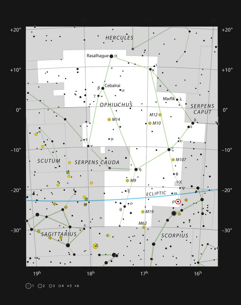This chart shows the large constellation of Ophiuchus (The Serpent Bearer). In the southern part of this constellation there is a spectacular region of dark and bright clouds, forming part of a region of star formation. This chart, which shows all the stars easily seen with the naked eye on a dark and clear night, shows the location of Rho Ophiuchi, the brightest star in the region.
