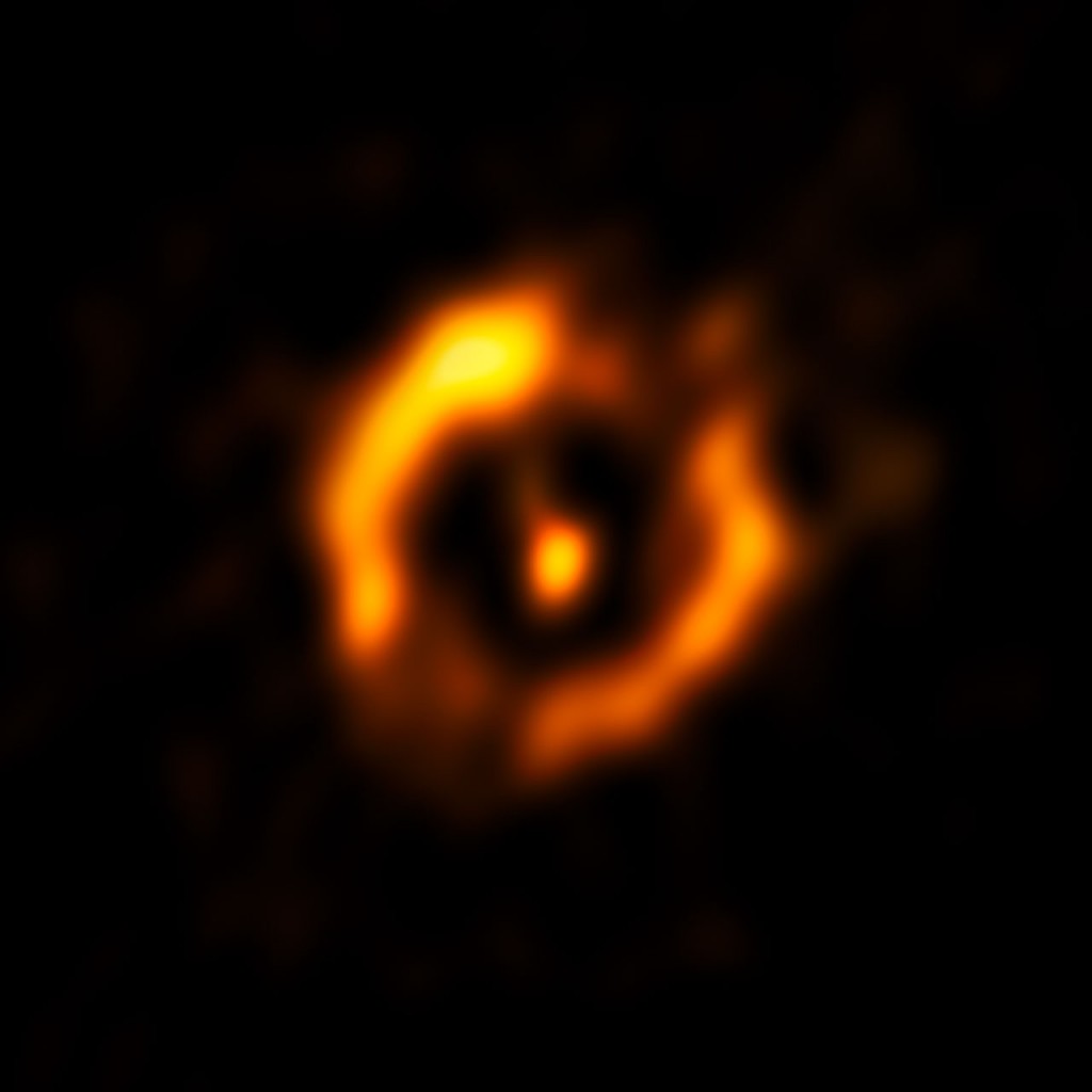 The Very Large Telescope Interferometer at ESO’s Paranal Observatory in Chile has obtained the sharpest view ever of the dusty disc around the close pair of aging stars IRAS 08544-4431. For the first time such discs can be compared to the discs around young stars — and they look surprisingly similar. It is even possible that a disc appearing at the end of a star’s life might also create a second generation of planets. This view shows the VLTI reconstructed image, with the brighter central star removed. A fainter glow from the secondary star is visible, which came as a surprise to the observers.