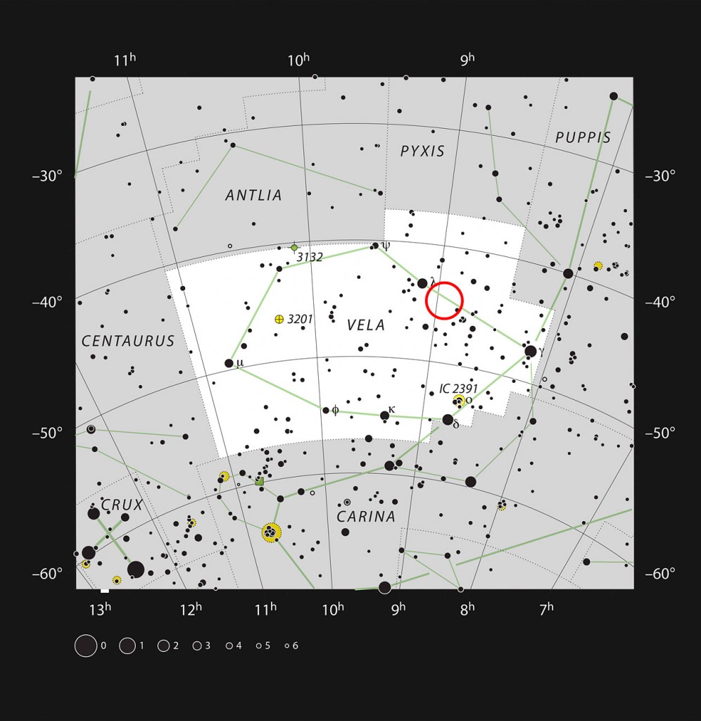 This chart shows the location of the aging double star IRAS 08544-4431 in the constellation of Vela (The Sails). All stars visible to the naked eye on a dark and clear night are shown. This star is visible with a small telescope as an unremarkable single faint point of light.