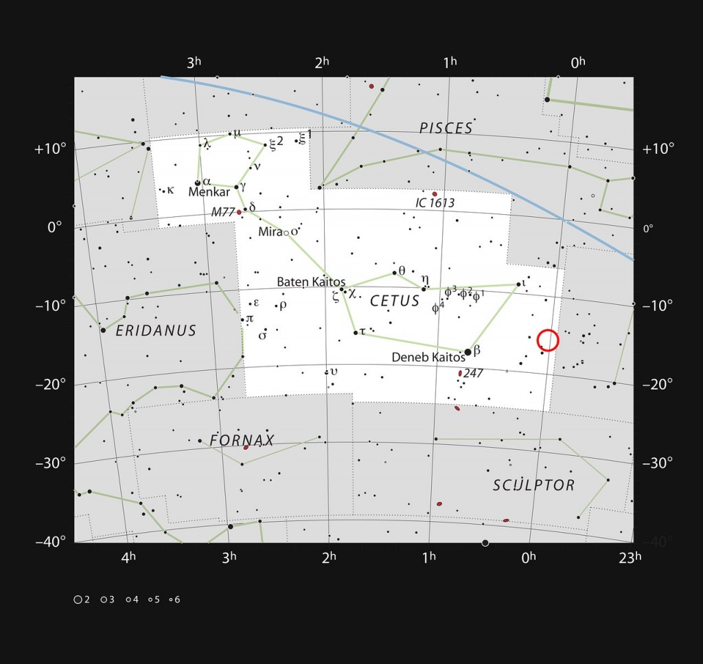 This chart shows the position of the faint, galaxy WLM in the constellation of Cetus (The Sea Monster). Most of the stars visible to the naked eye on a clear and dark night are shown. The galaxy itself has a very low surface brightness, it was discoved photographically in the early twentieth century and is very hard to spot visually.