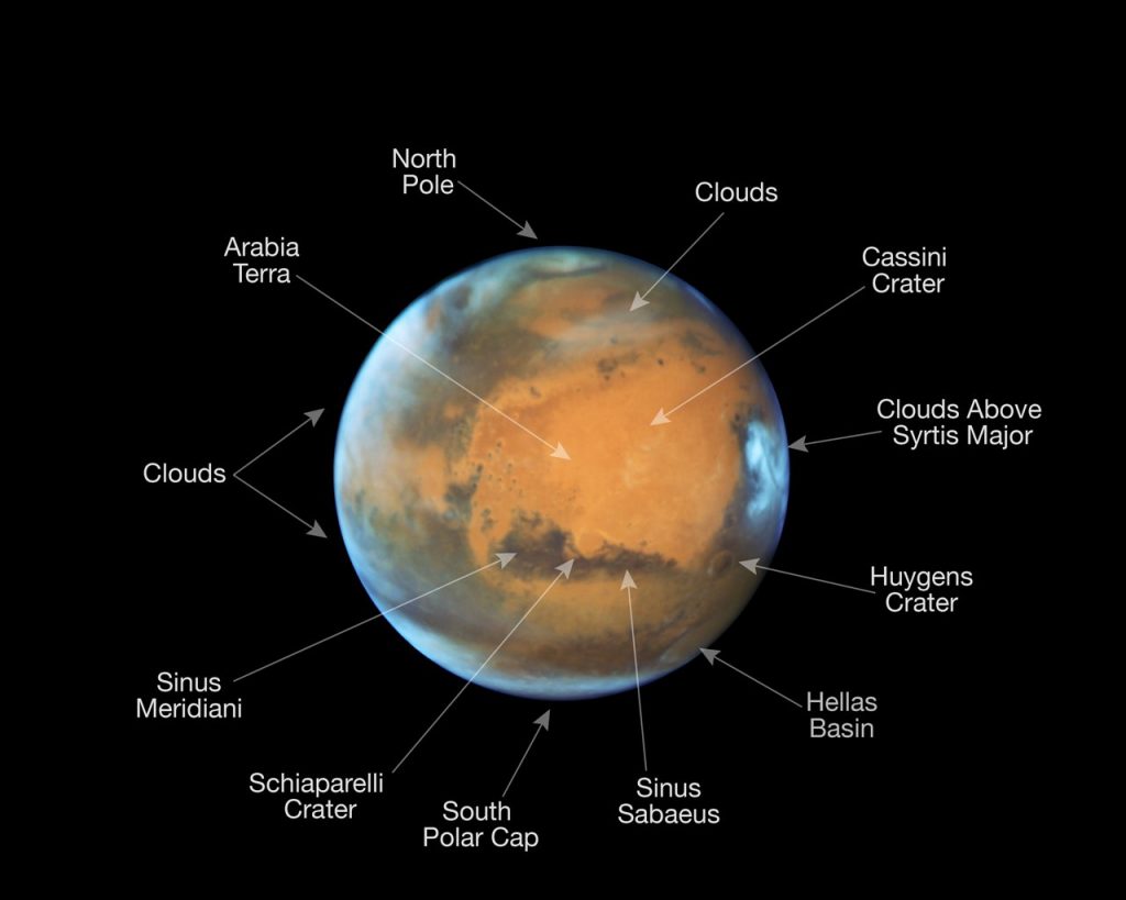 This image shows our neighbouring planet Mars, as it was observed shortly before opposition in 2016 by the NASA/ESA Hubble Space Telescope. Some prominent features on the surface of the planet have been annotated.