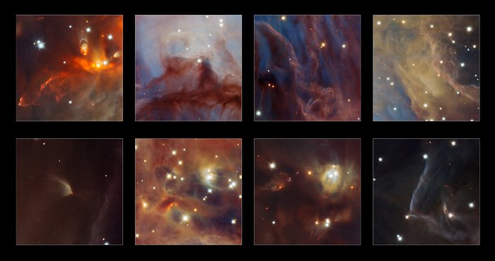 This image shows some highlights from a spectacular new image of the Orion Nebula star-formation region obtained from multiple exposures using the HAWK-I infrared camera on ESO’s Very Large Telescope in Chile. This is the deepest view ever of this region and reveals more very faint planetary-mass objects than expected.