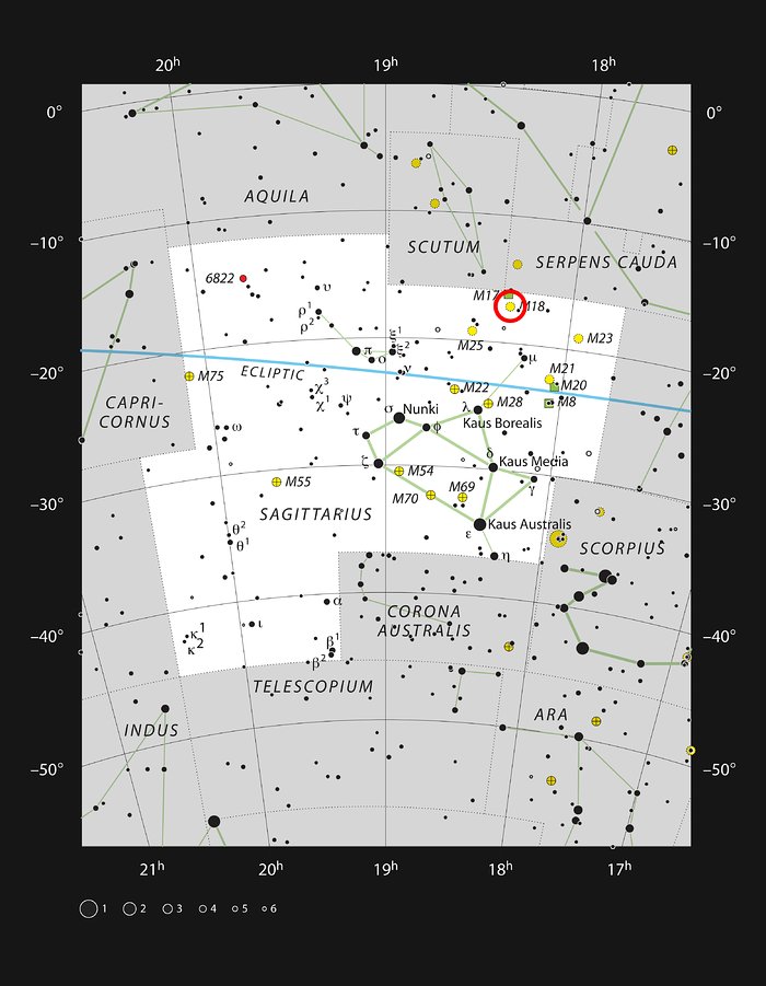This chart shows the rich constellation of Sagittarius. Among the many star clusters in this part of the Milky Way lies Messier 18, a bright grouping of stars not far from the Omega Nebula (Messier 17). This picture plots most of the the stars visible on a dark clear night with the naked eye.