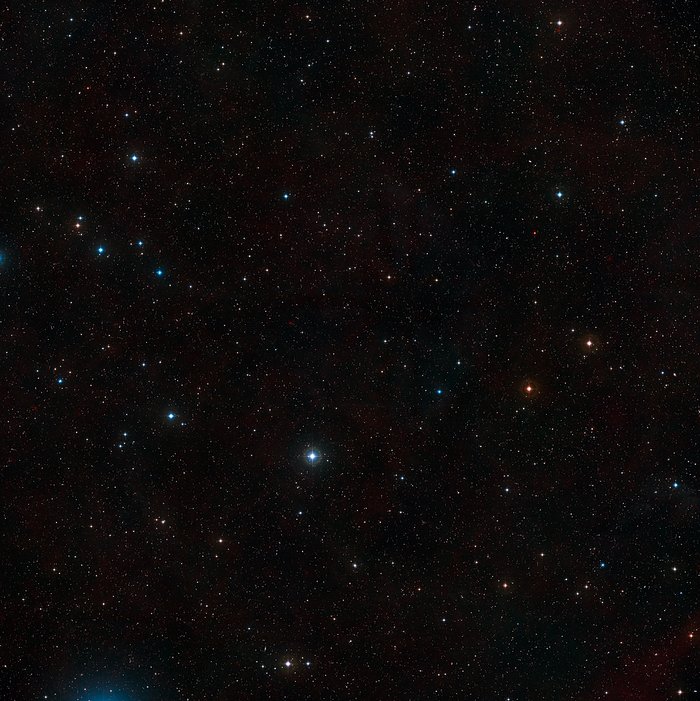 This visible-light wide-field image of the region around the giant Lyman-alpha blob LAB1 was created from photographs taken through blue and red filters and forming part of the Digitized Sky Survey 2. The blob itself lies at the centre of the image but, despite being huge and very luminous, it is so distant that it is too faint to be seen clearly on this picture. The field of view is approximately 2.9 degrees across.