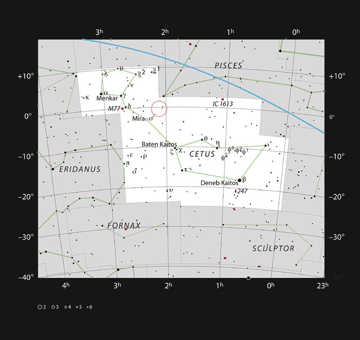 This chart shows the large but faint constellation of Cetus (The Whale). Most of the stars visible with the naked eye are shown and the position of the faint active galaxy Markarian 1018 is marked with a red circle. This object is too faint to be seen easily with small telescopes.