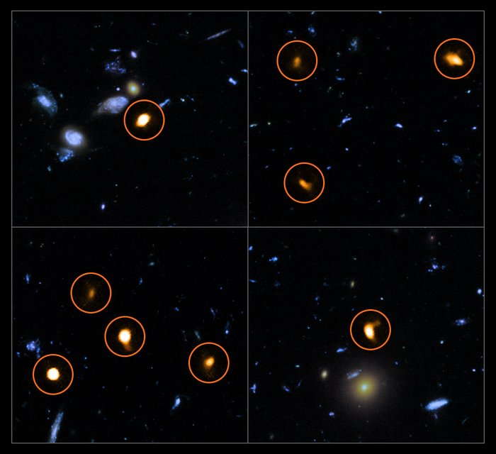 These cutout images are from a combination of a background picture taken by the NASA/ESA Hubble Space Telescope (blue/green) with a new very deep ALMA view of the field (orange, marked with circles). All the objects that ALMA sees appear to be massive star-forming galaxies. This image is based on the ALMA survey by J. Dunlop and colleagues, covering the full HUDF area.