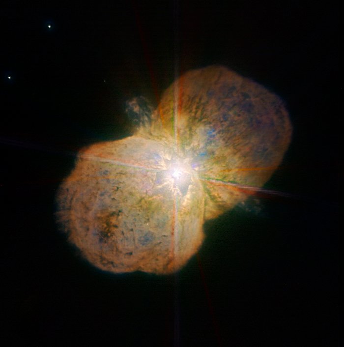 This new image of the luminous blue variable Eta Carinae was taken with the NACO near-infrared adaptive optics instrument on ESO's Very Large Telescope, yielding an incredible amount of detail. The images clearly shows a bipolar structure as well as the jets coming out from the central star. The image was obtained by the Paranal Science team and processed by Yuri Beletsky (ESO) and Hännes Heyer (ESO). It is based on data obtained through broad (J, H, and K; 90 second exposure time per filters) and narrow-bands (1.64, 2.12, and 2.17 microns; probing iron, molecular and atomic hydrogen, respectively; 4 min per filter).