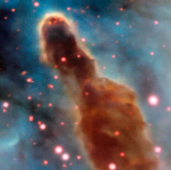 This image was taken by the MUSE instrument, mounted on ESO’s Very Large Telescope and shows the region R18 within the Carina Nebula, 7500 light-years away. The massive stars within the star formation region slowly destroy the pillars of dust and gas from which they are born.