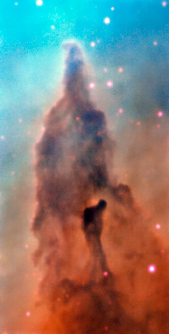 This image was taken by the MUSE instrument, mounted on ESO’s Very Large Telescope and shows the region R45 within the Carina Nebula, 7500 light-years away. The massive stars within the star formation region slowly destroy the pillars of dust and gas from which they are born.
