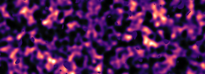 This map of dark matter in the Universe was obtained from data from the KiDS survey, using the VLT Survey Telescope at ESO’s Paranal Observatory in Chile. It reveals an expansive web of dense (light) and empty (dark) regions. This image is one out of five patches of the sky observed by KiDS. Here the invisible dark matter is seen rendered in pink, covering an area of sky around 280 times the size of the full moon. This image reconstruction was made by analysing the light collected from over two million distant galaxies more than 6 billion light-years away. The observed galaxy images were warped by the gravitational pull of dark matter as the light travelled through the Universe. Some small dark regions, with sharp boundaries, appear in this image. They are the locations of bright stars and other nearby objects that get in the way of the observations of more distant galaxies and are hence masked out in these maps as no weak-lensing signal can be measured in these areas.