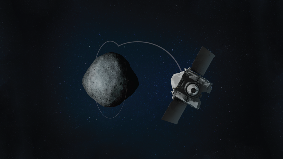 An artist's view of OSIRIS-REx investigating asteroid Bennu