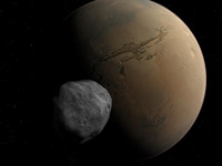 Celestia screenshot of Mars and the moon Phobos